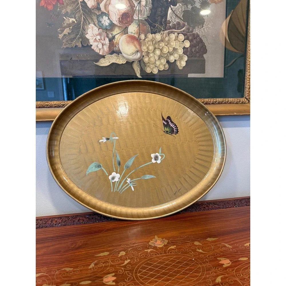 Vintage Gold Lacquer Tray, Hand Painted Butterfly Oval‎ Serving Tray - 18